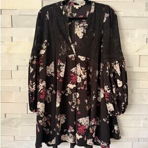 POL V-neck Babydoll Black Floral & Lace Long Balloon Sleeve Mini Dress S 90s Y2K